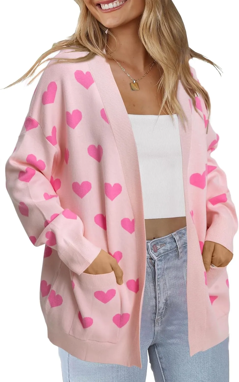 Heart Cardigan Sweater for Women Oversized Valentine Cardigan Cute Love Print Open Front Knit Sweaters Coat with Pockets
