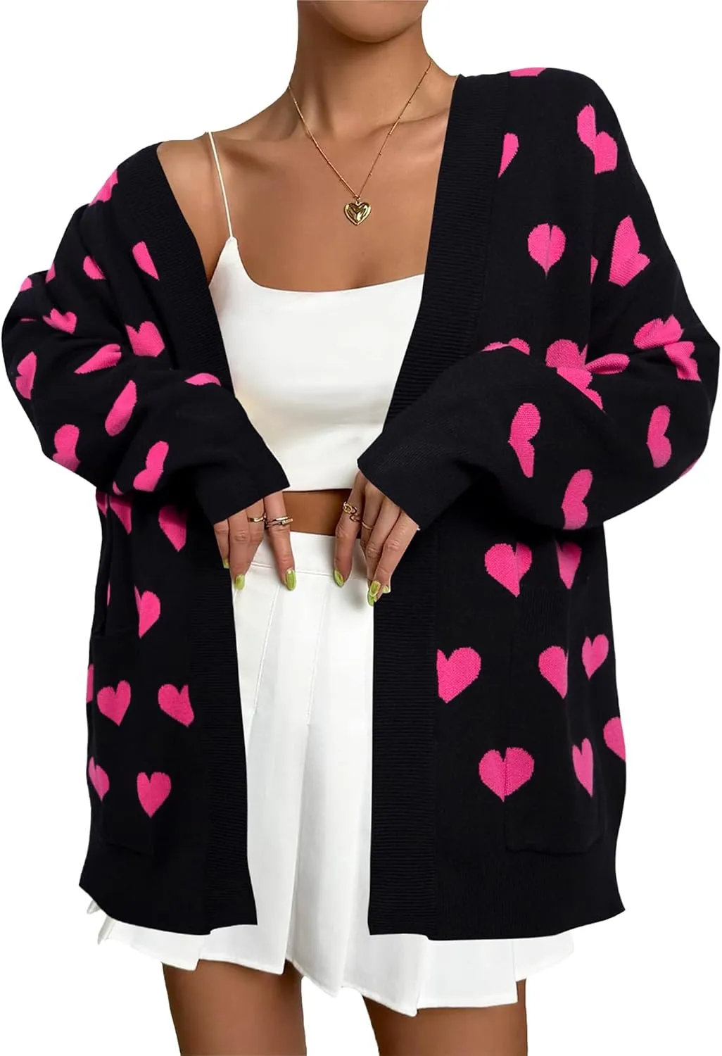 Heart Cardigan Sweater for Women Oversized Valentine Cardigan Cute Love Print Open Front Knit Sweaters Coat with Pockets