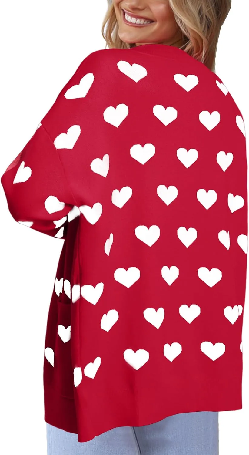 Heart Cardigan Sweater for Women Oversized Valentine Cardigan Cute Love Print Open Front Knit Sweaters Coat with Pockets