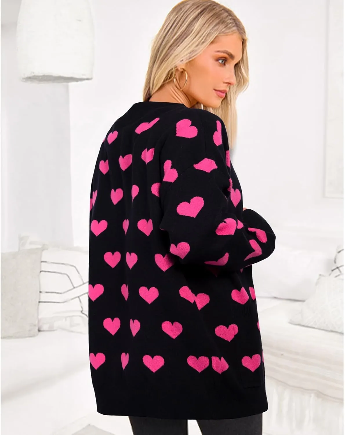 Heart Cardigan Sweater for Women Oversized Valentine Cardigan Cute Love Print Open Front Knit Sweaters Coat with Pockets