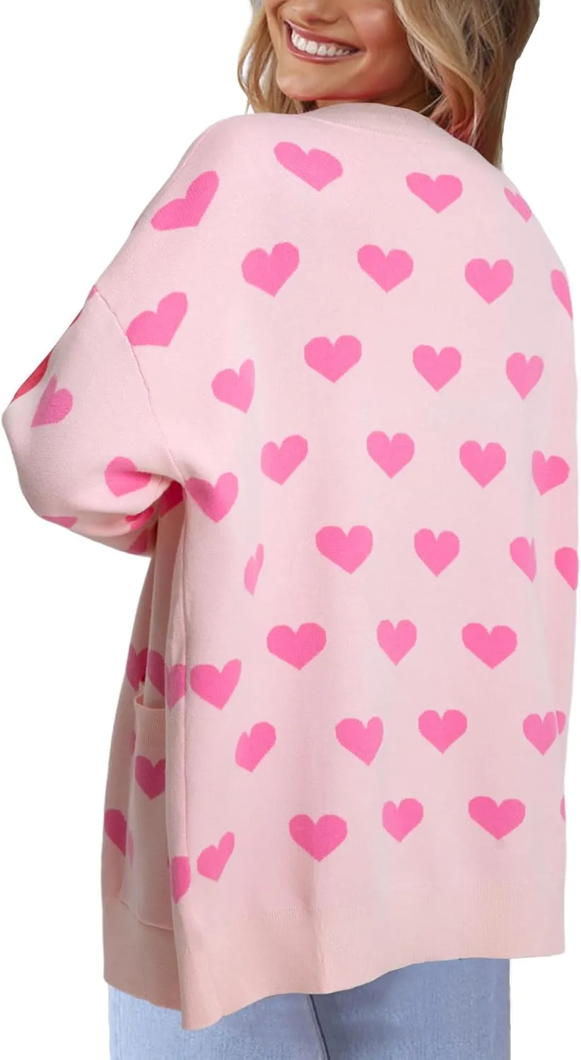 Heart Cardigan Sweater for Women Oversized Valentine Cardigan Cute Love Print Open Front Knit Sweaters Coat with Pockets