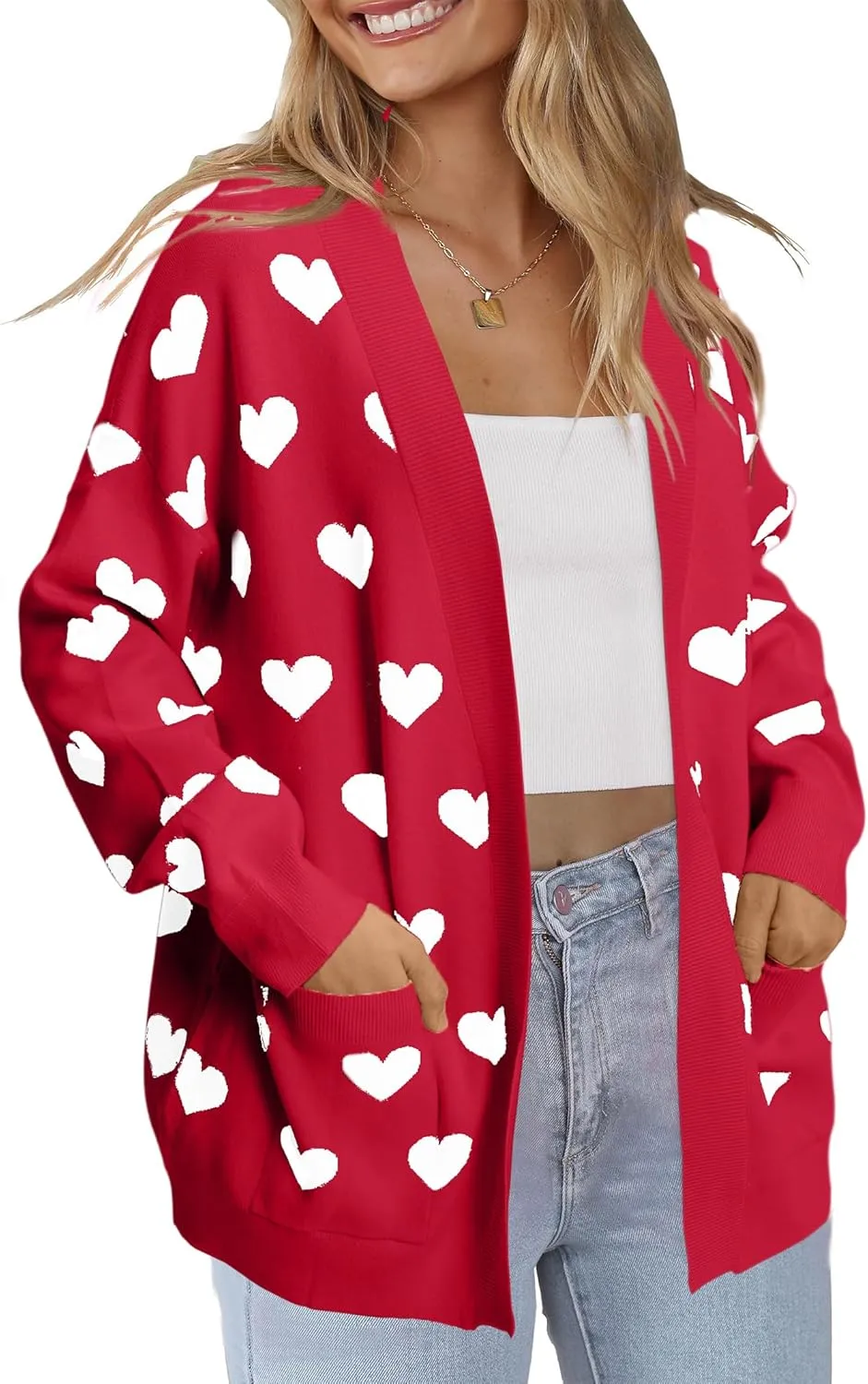 Heart Cardigan Sweater for Women Oversized Valentine Cardigan Cute Love Print Open Front Knit Sweaters Coat with Pockets