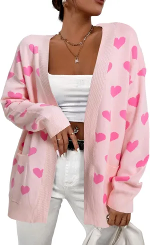 Heart Cardigan Sweater for Women Oversized Valentine Cardigan Cute Love Print Open Front Knit Sweaters Coat with Pockets