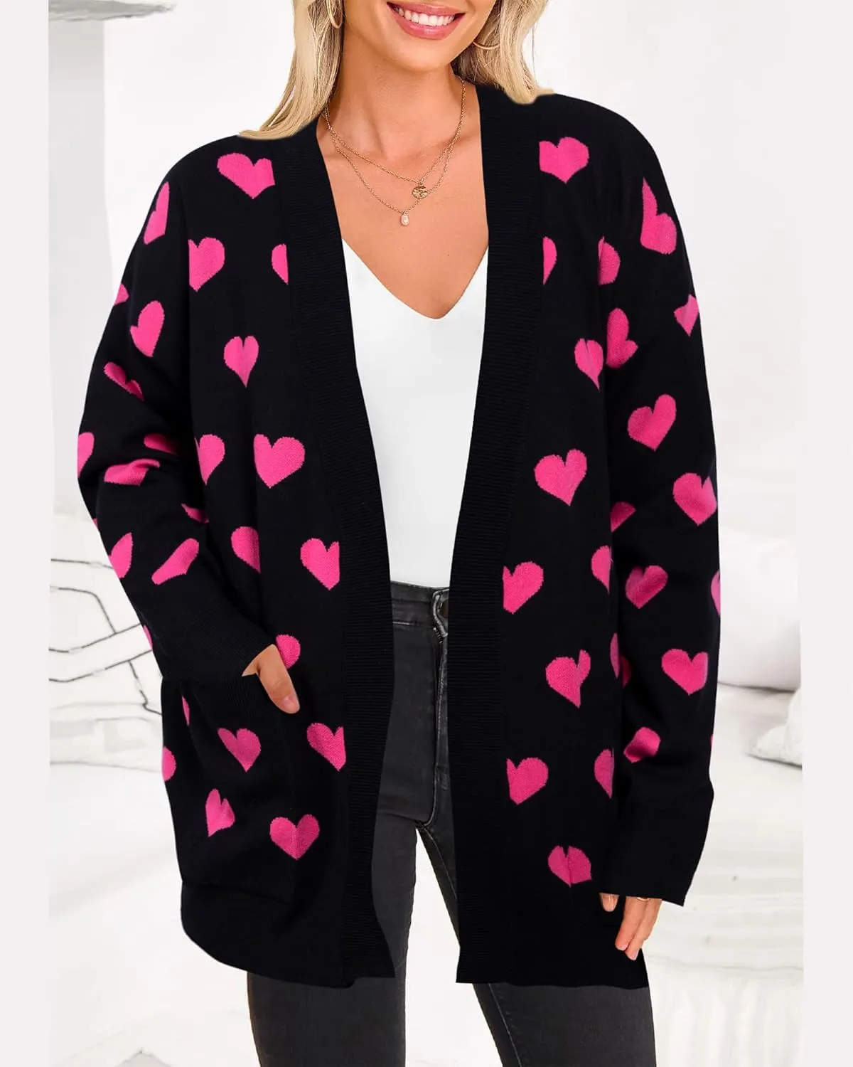 Heart Cardigan Sweater for Women Oversized Valentine Cardigan Cute Love Print Open Front Knit Sweaters Coat with Pockets