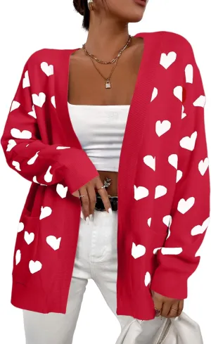 Heart Cardigan Sweater for Women Oversized Valentine Cardigan Cute Love Print Open Front Knit Sweaters Coat with Pockets