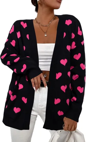Heart Cardigan Sweater for Women Oversized Valentine Cardigan Cute Love Print Open Front Knit Sweaters Coat with Pockets