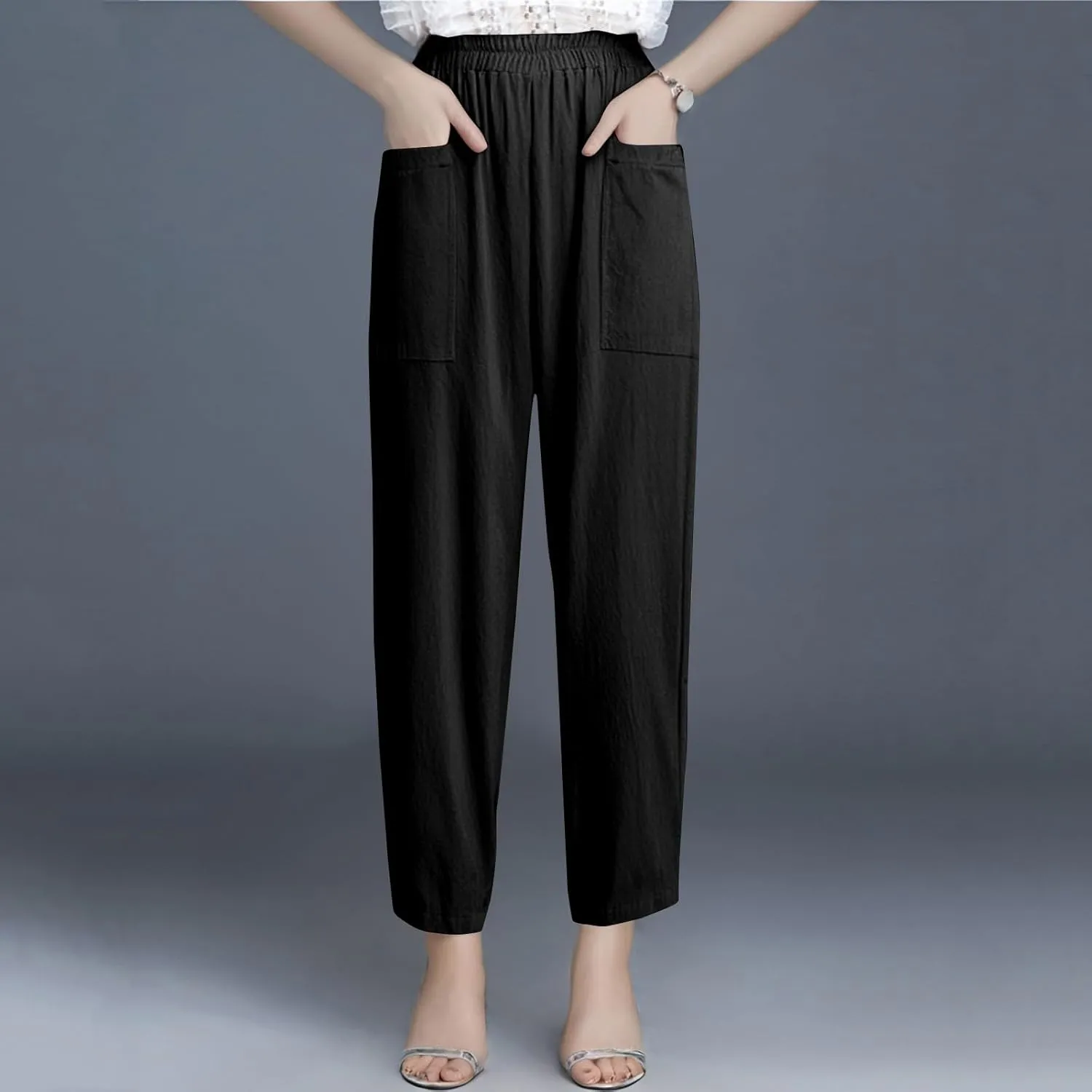 High Waisted Linen Pants Women Summer Pants Wide Leg Trouser Lounge Pant Office Palazzo Pant with Pockets (S-2Xl)