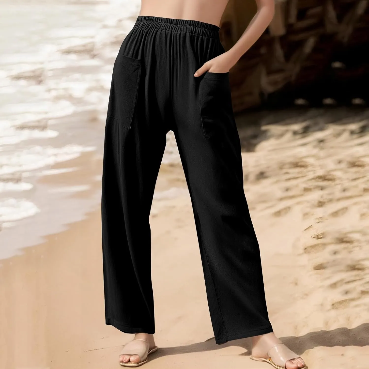 High Waisted Linen Pants Women Summer Pants Wide Leg Trouser Lounge Pant Office Palazzo Pant with Pockets (S-2Xl)