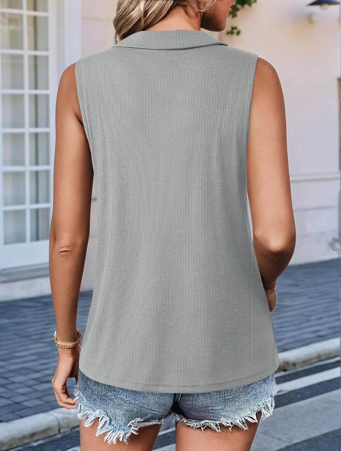 Imily Bela Women's Summer Sleeveless Tank Tops Zipper V Neck Ribbed Dressy Casual Blouses Loose Business Polo Shirts