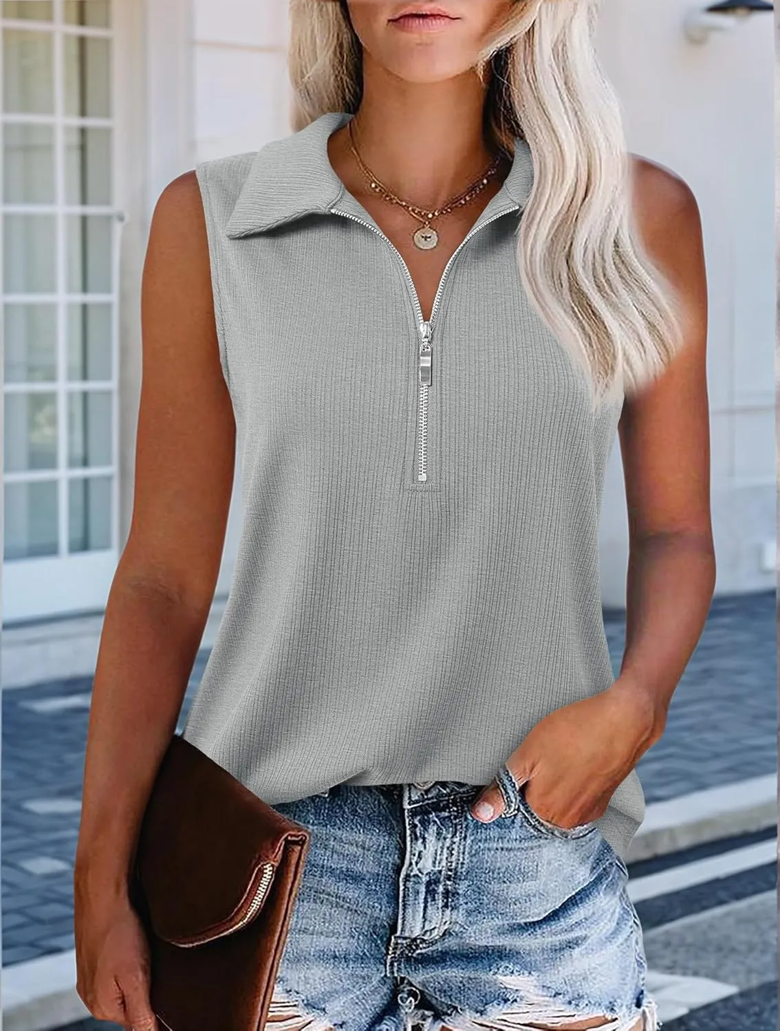 Imily Bela Women's Summer Sleeveless Tank Tops Zipper V Neck Ribbed Dressy Casual Blouses Loose Business Polo Shirts