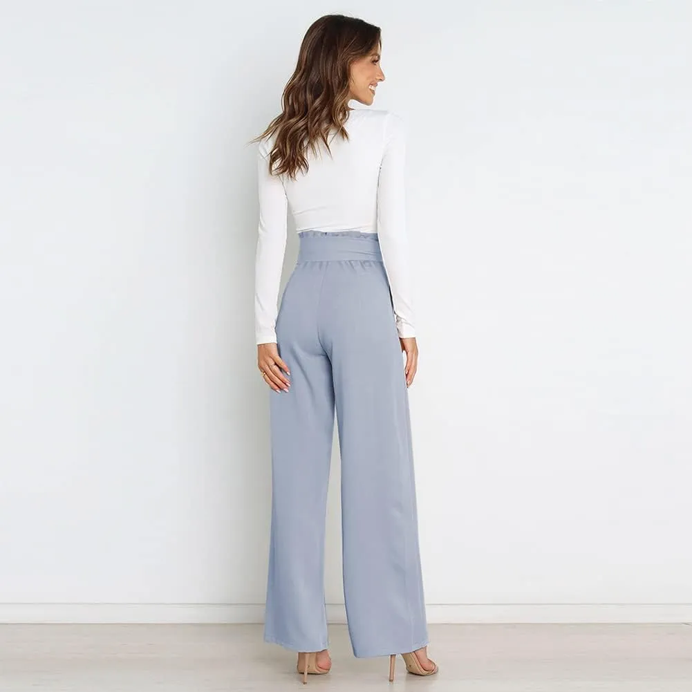 IWEMEK Women's Casual High Waist Belted Wide Leg Pants with Pocket Bow-Knot Self Tie Work Pants Long Palazzo Pants Trousers