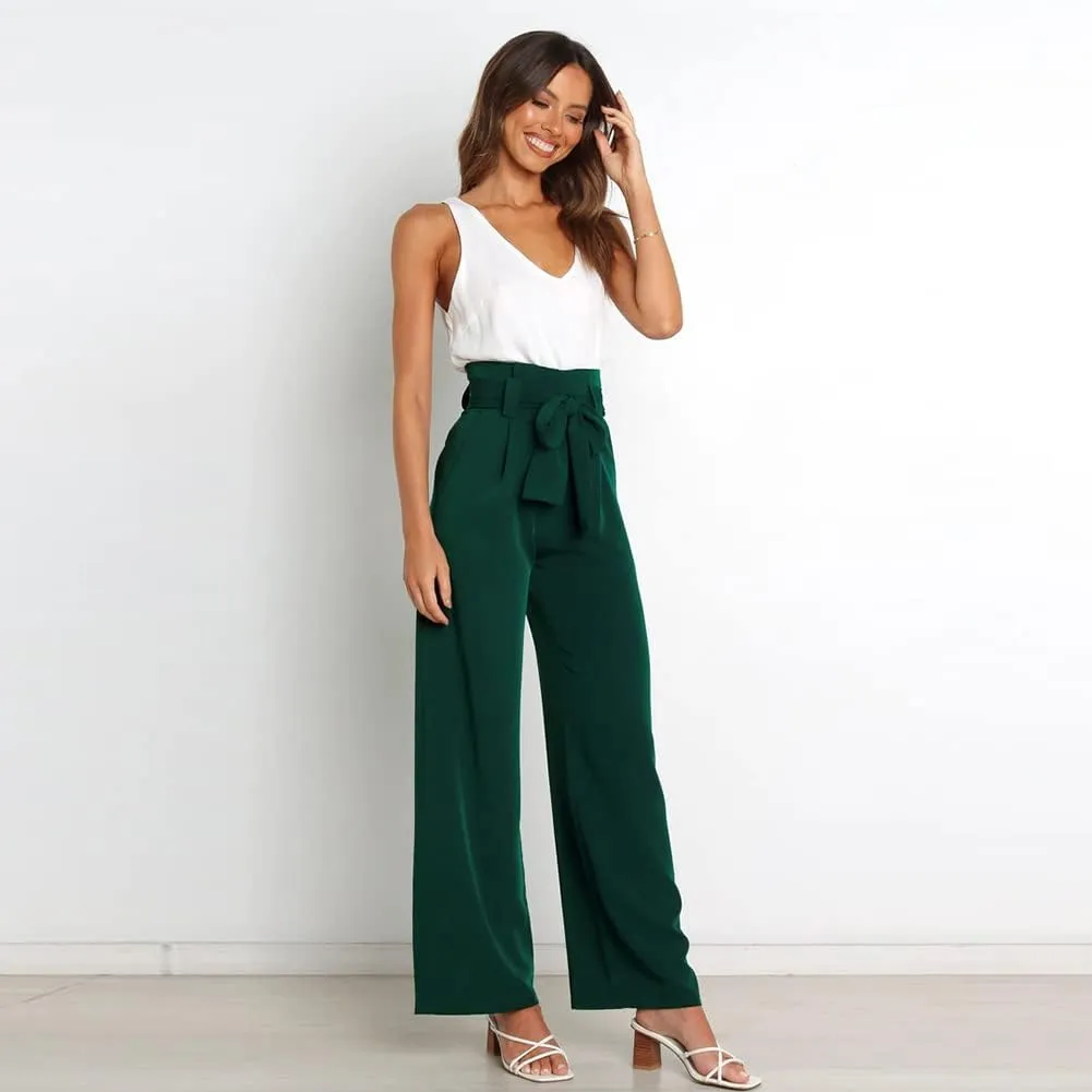 IWEMEK Women's Casual High Waist Belted Wide Leg Pants with Pocket Bow-Knot Self Tie Work Pants Long Palazzo Pants Trousers