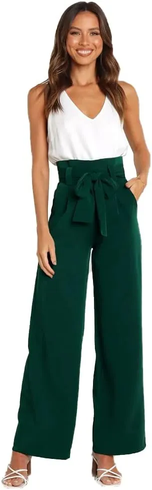 IWEMEK Women's Casual High Waist Belted Wide Leg Pants with Pocket Bow-Knot Self Tie Work Pants Long Palazzo Pants Trousers