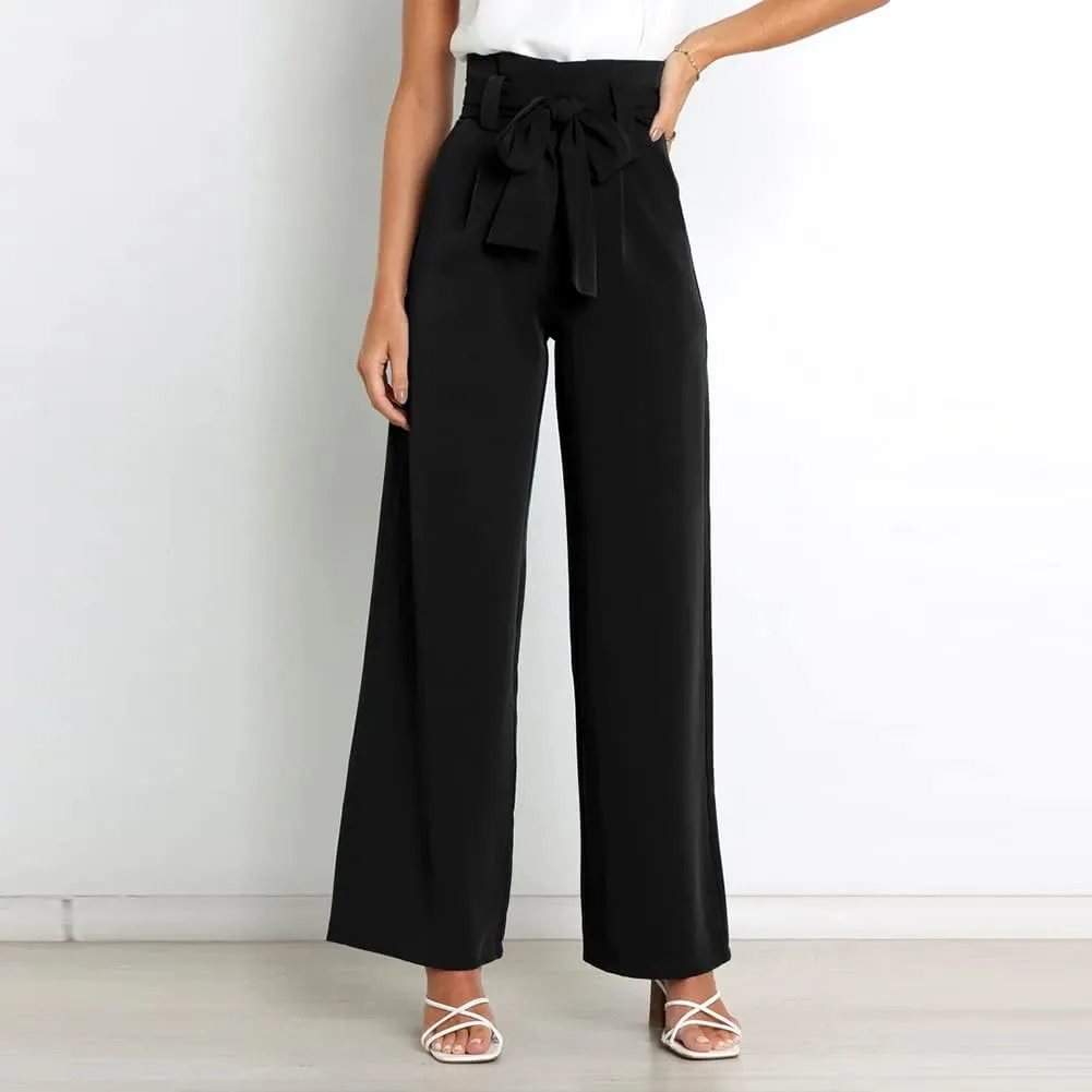 IWEMEK Women's Casual High Waist Belted Wide Leg Pants with Pocket Bow-Knot Self Tie Work Pants Long Palazzo Pants Trousers