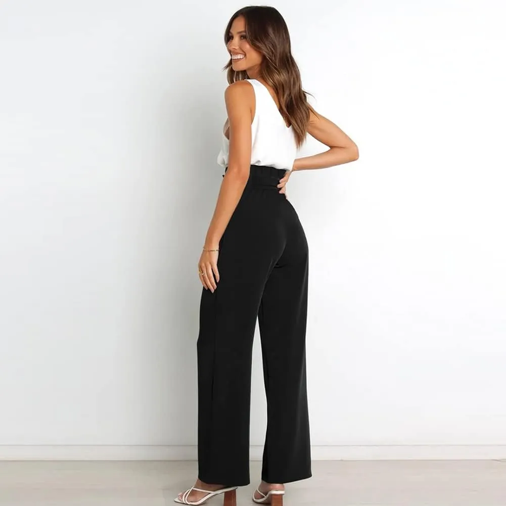 IWEMEK Women's Casual High Waist Belted Wide Leg Pants with Pocket Bow-Knot Self Tie Work Pants Long Palazzo Pants Trousers