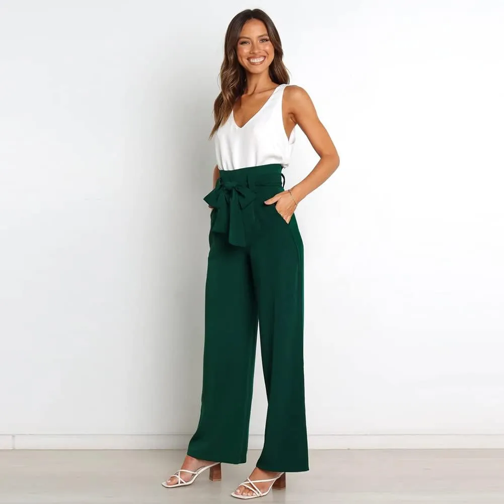IWEMEK Women's Casual High Waist Belted Wide Leg Pants with Pocket Bow-Knot Self Tie Work Pants Long Palazzo Pants Trousers