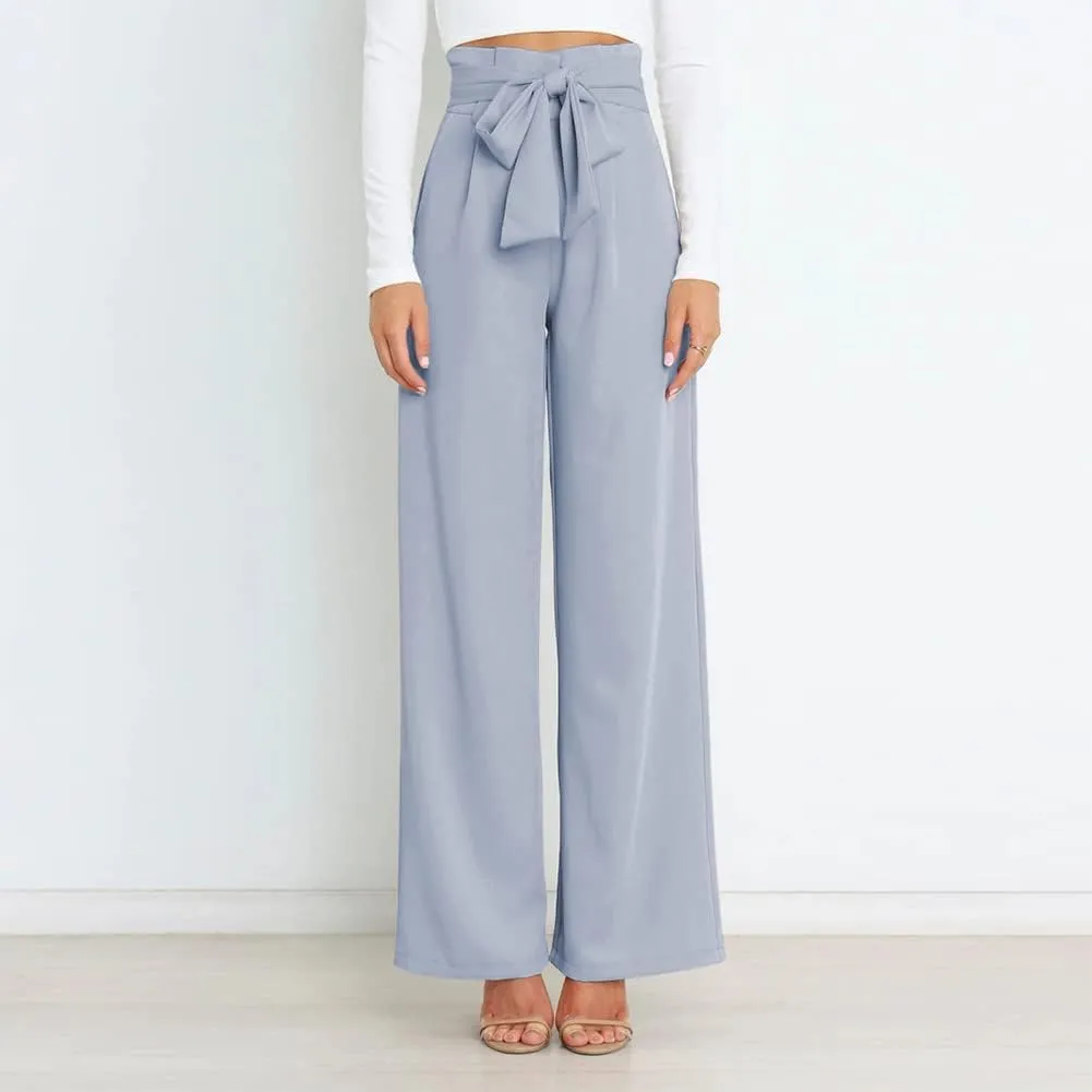 IWEMEK Women's Casual High Waist Belted Wide Leg Pants with Pocket Bow-Knot Self Tie Work Pants Long Palazzo Pants Trousers