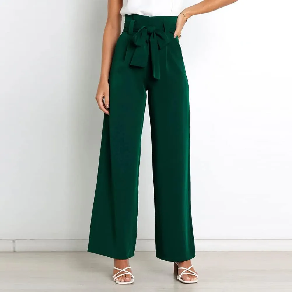 IWEMEK Women's Casual High Waist Belted Wide Leg Pants with Pocket Bow-Knot Self Tie Work Pants Long Palazzo Pants Trousers