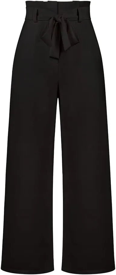 IWEMEK Women's Casual High Waist Belted Wide Leg Pants with Pocket Bow-Knot Self Tie Work Pants Long Palazzo Pants Trousers