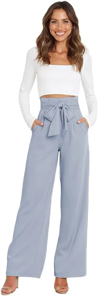 IWEMEK Women's Casual High Waist Belted Wide Leg Pants with Pocket Bow-Knot Self Tie Work Pants Long Palazzo Pants Trousers