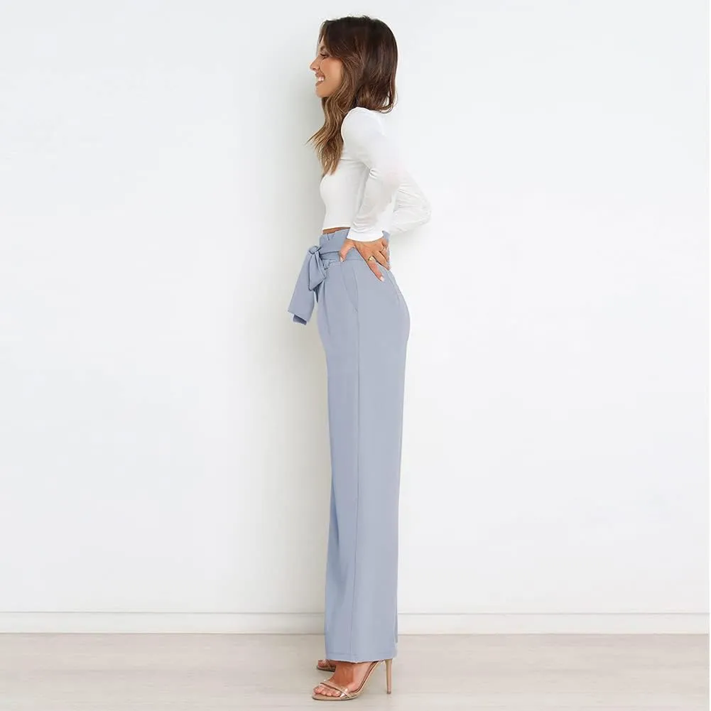 IWEMEK Women's Casual High Waist Belted Wide Leg Pants with Pocket Bow-Knot Self Tie Work Pants Long Palazzo Pants Trousers