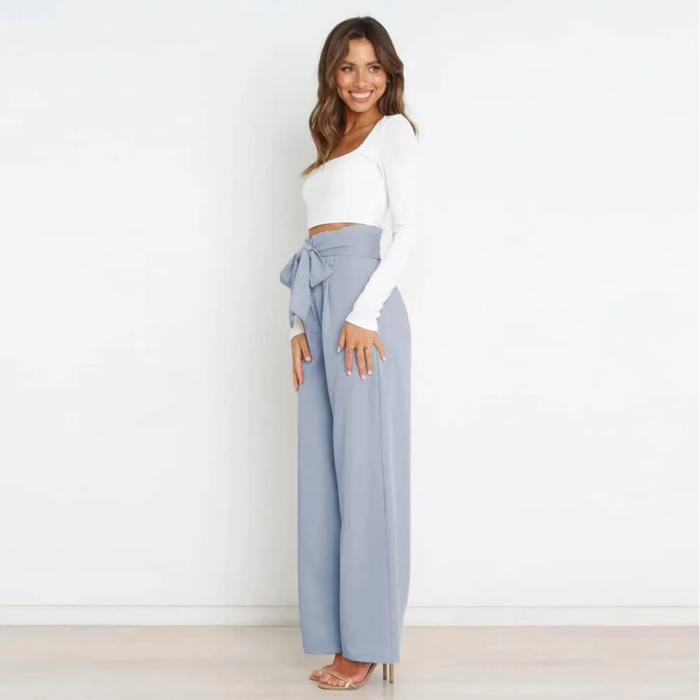 IWEMEK Women's Casual High Waist Belted Wide Leg Pants with Pocket Bow-Knot Self Tie Work Pants Long Palazzo Pants Trousers