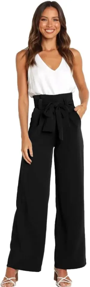 IWEMEK Women's Casual High Waist Belted Wide Leg Pants with Pocket Bow-Knot Self Tie Work Pants Long Palazzo Pants Trousers