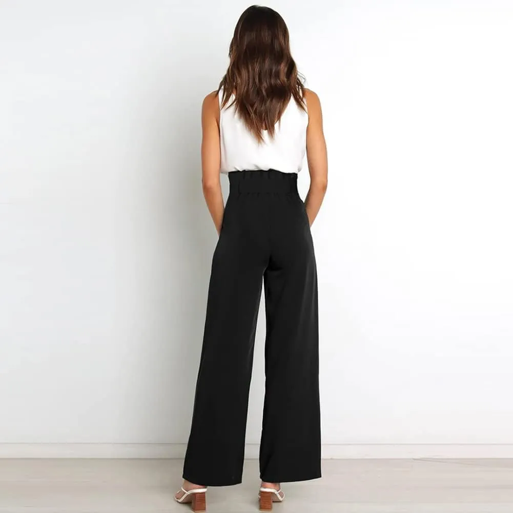 IWEMEK Women's Casual High Waist Belted Wide Leg Pants with Pocket Bow-Knot Self Tie Work Pants Long Palazzo Pants Trousers