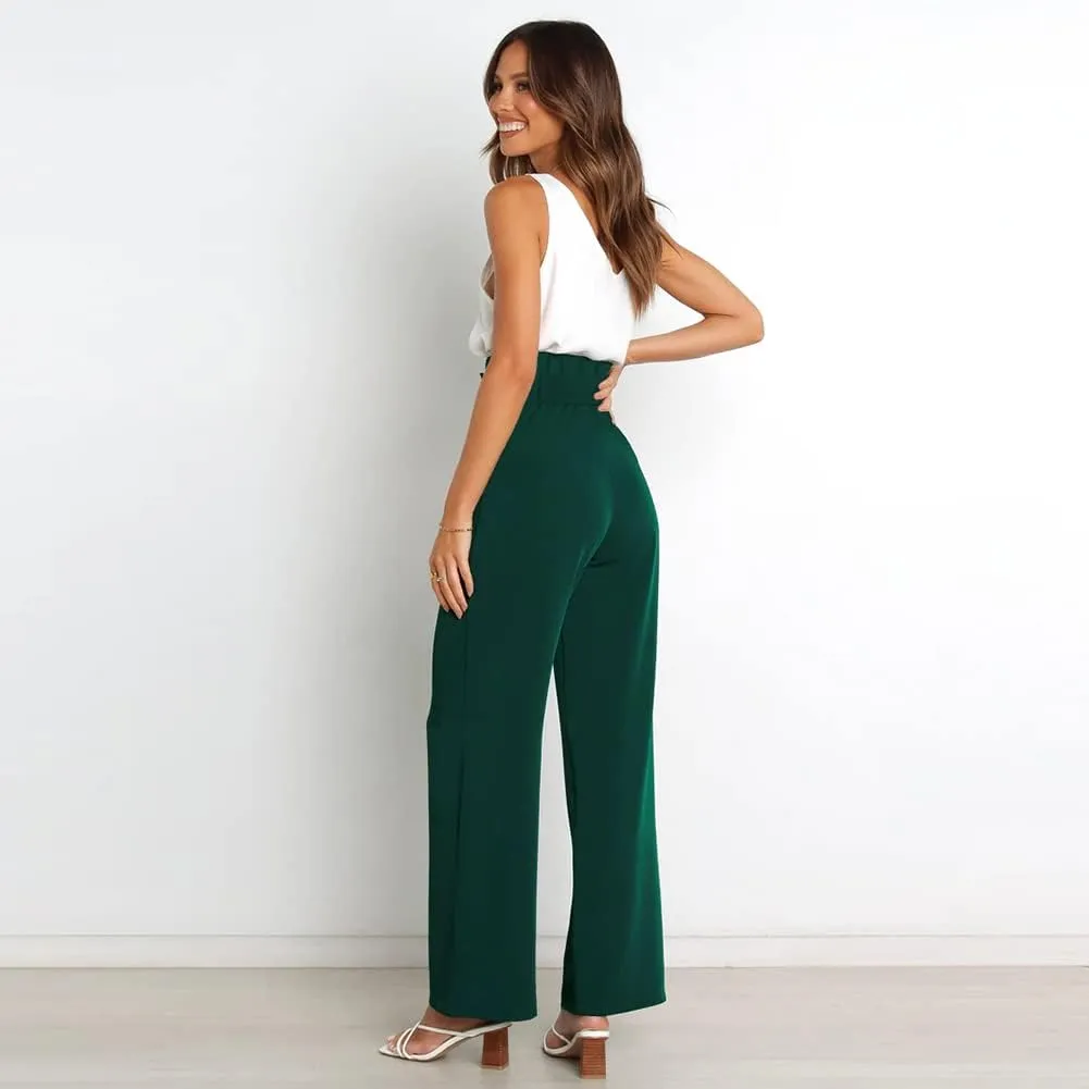 IWEMEK Women's Casual High Waist Belted Wide Leg Pants with Pocket Bow-Knot Self Tie Work Pants Long Palazzo Pants Trousers
