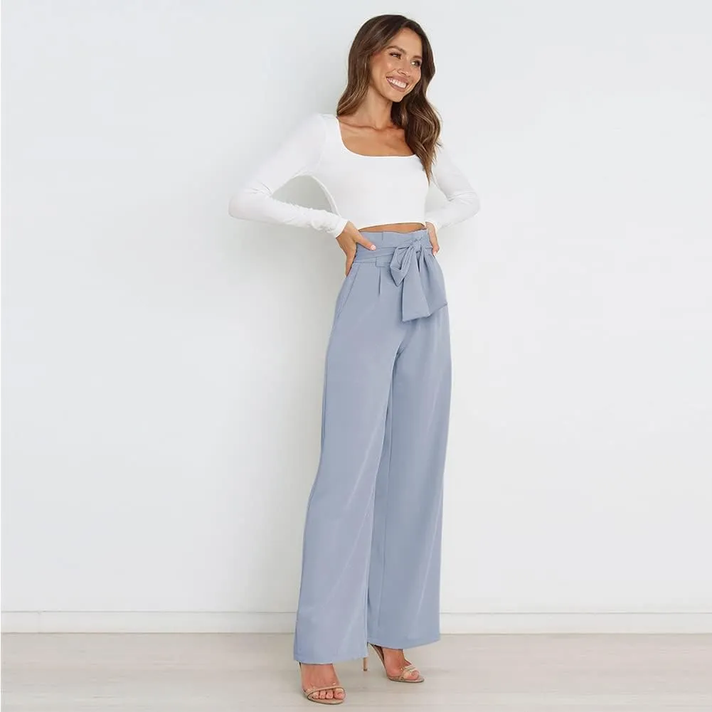 IWEMEK Women's Casual High Waist Belted Wide Leg Pants with Pocket Bow-Knot Self Tie Work Pants Long Palazzo Pants Trousers