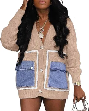 KANSOON Cardigan Sweaters for Women Casual Open Front Button Down Denim Patchwork Loose Knit Outerwear with Pockets