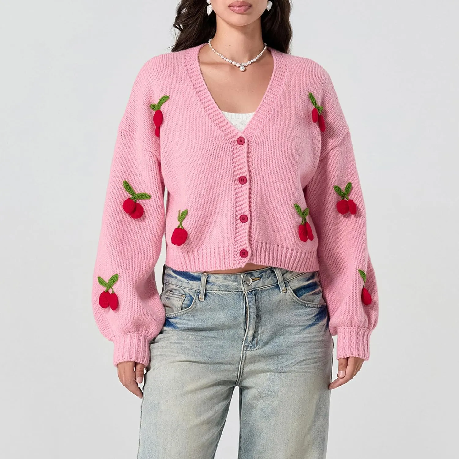 KMBANGI Women Button Down Sweater V Neck Cable Knit Crop Cardigan Cute Oversized Jumper Top Aesthetic Clothes