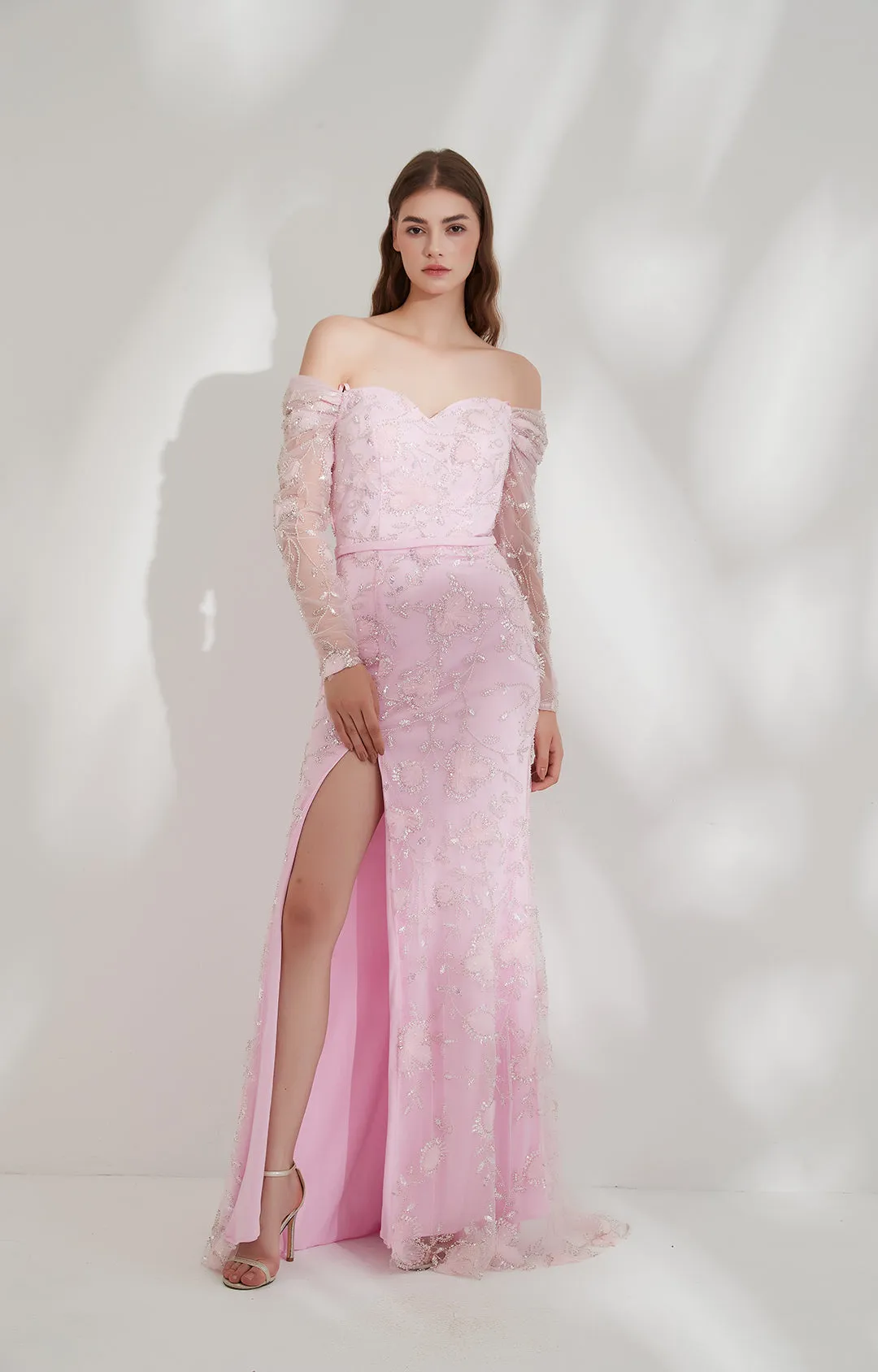 Lace Puff Long Sleeve High Front Split Zipper Train Evening Dress