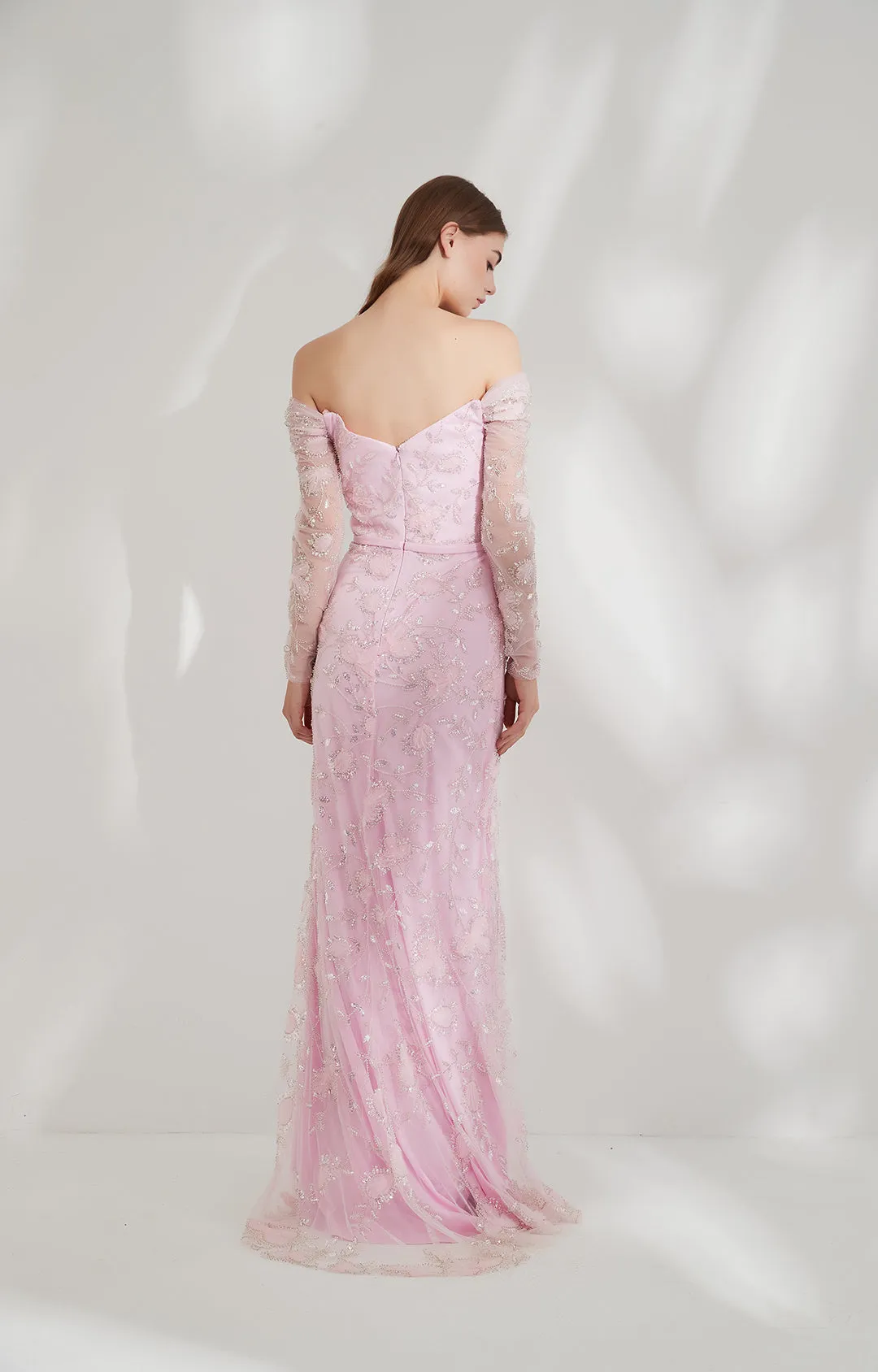 Lace Puff Long Sleeve High Front Split Zipper Train Evening Dress