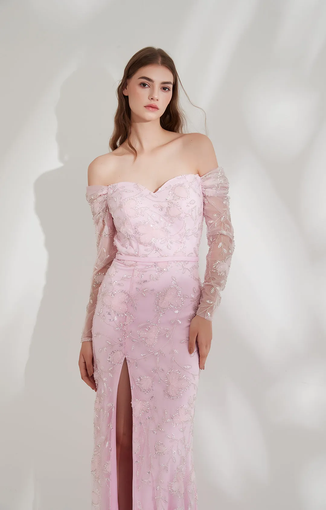 Lace Puff Long Sleeve High Front Split Zipper Train Evening Dress