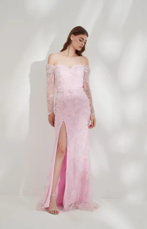 Lace Puff Long Sleeve High Front Split Zipper Train Evening Dress