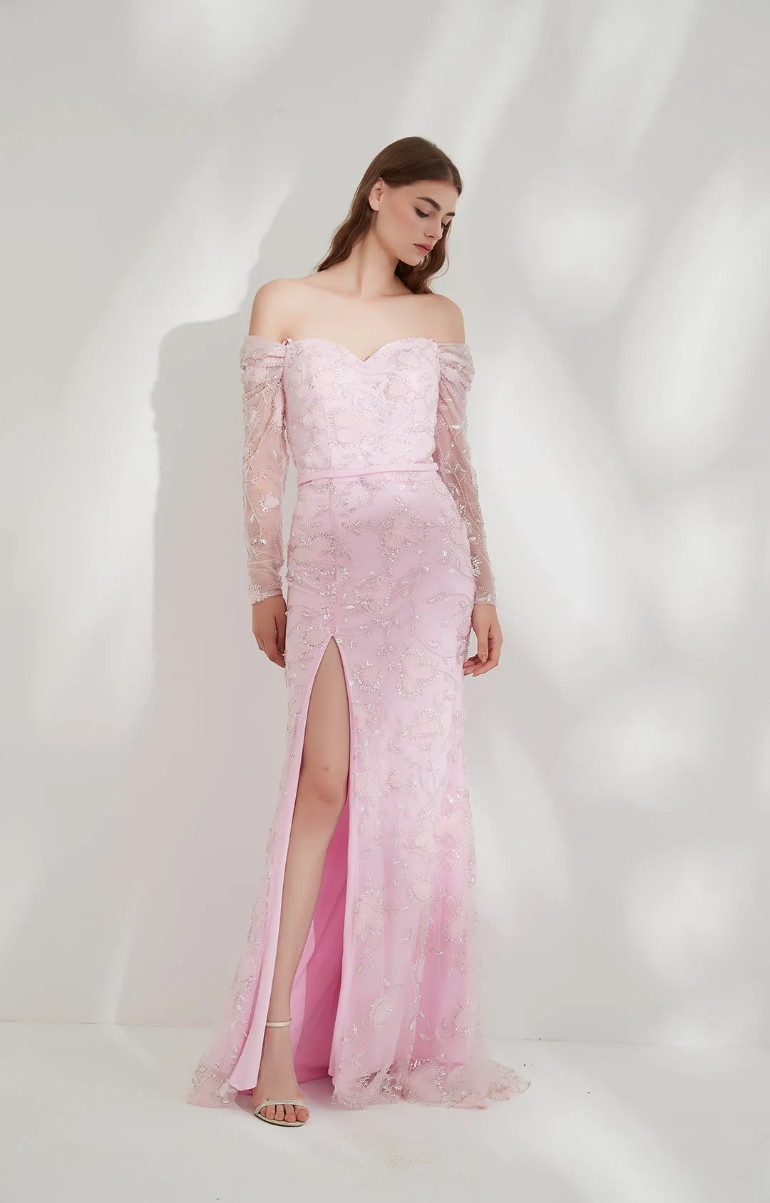 Lace Puff Long Sleeve High Front Split Zipper Train Evening Dress