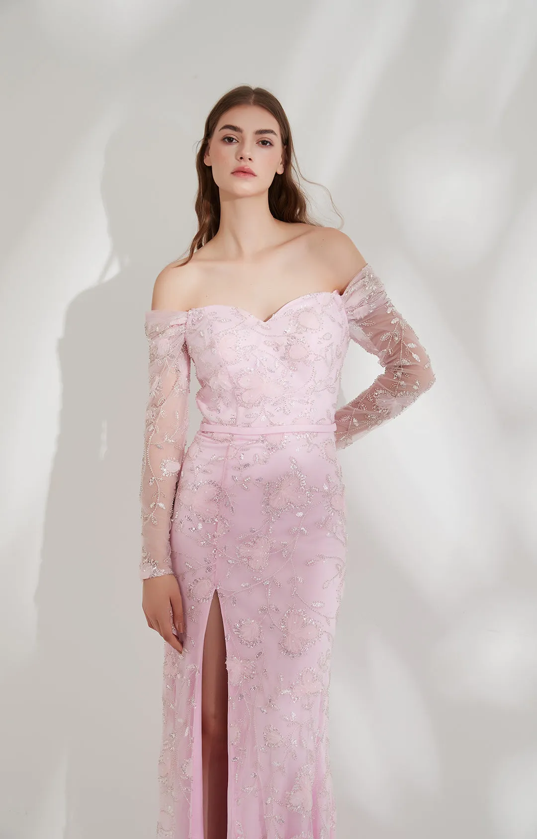 Lace Puff Long Sleeve High Front Split Zipper Train Evening Dress