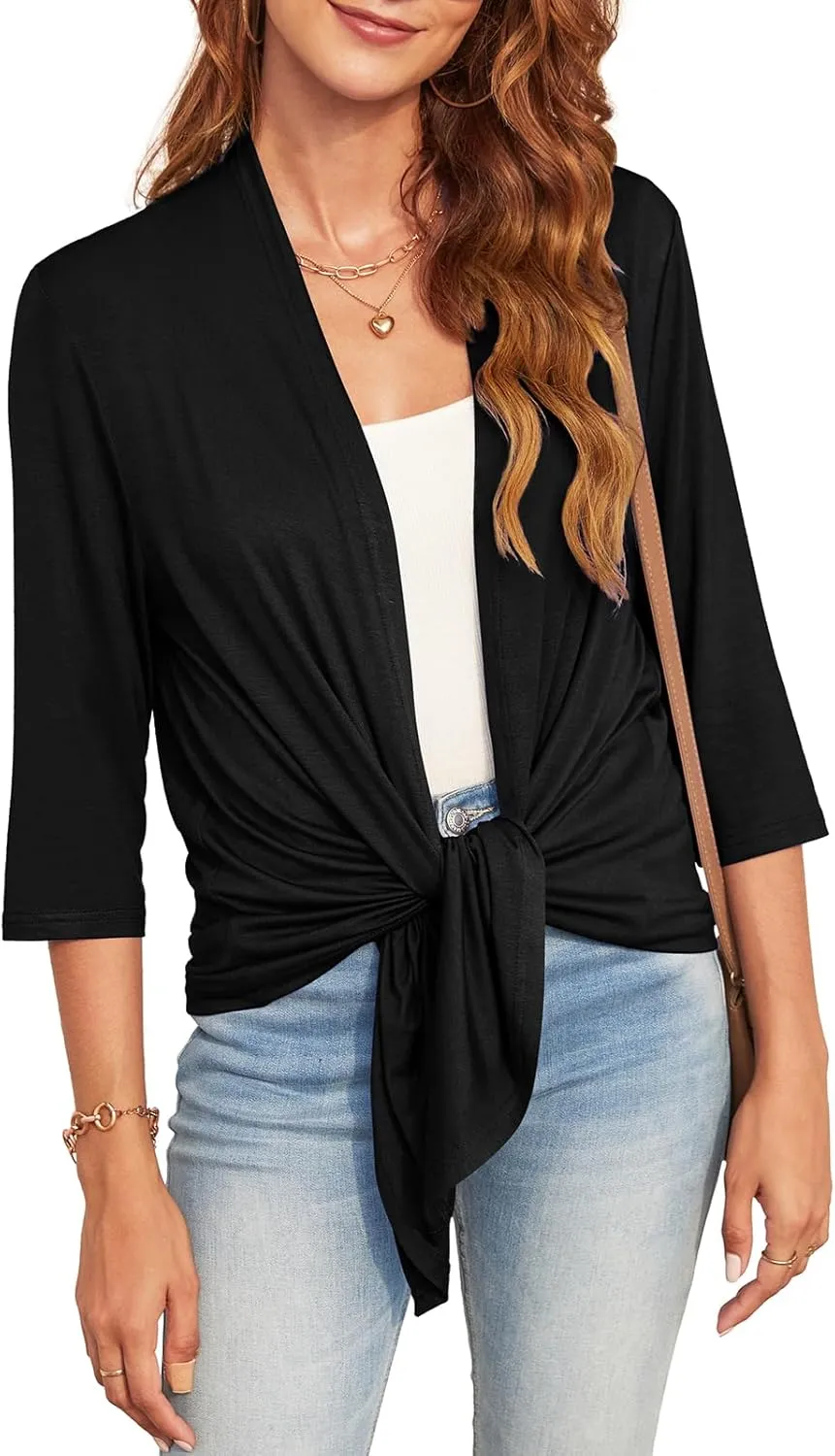 Lightweight Summer 3/4 Sleeve Cardigan for Women Trendy Casual Draped Tie Front Cardigans Fall Shrugs High Low Hem