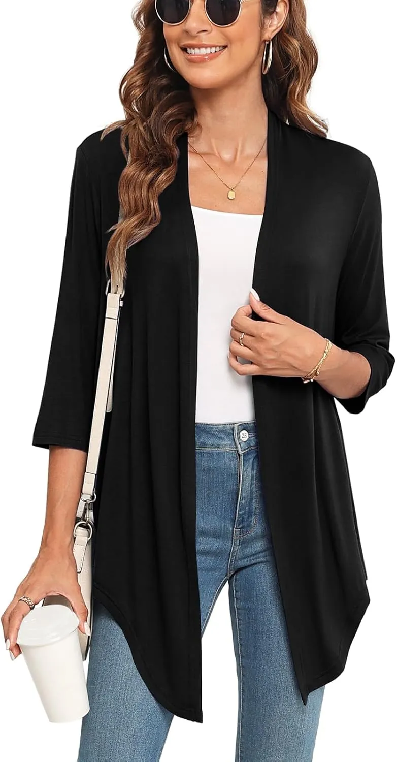 Lightweight Summer 3/4 Sleeve Cardigan for Women Trendy Casual Draped Tie Front Cardigans Fall Shrugs High Low Hem