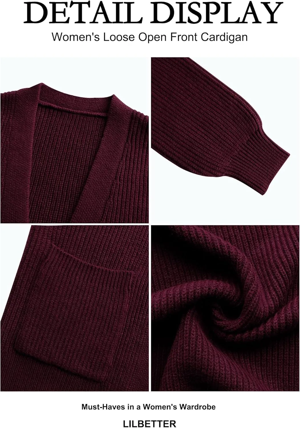 LILBETTER Women's Loose Open Front Cardigan Long Sleeve Casual Lightweight Soft Knit Sweaters Coat with Pockets