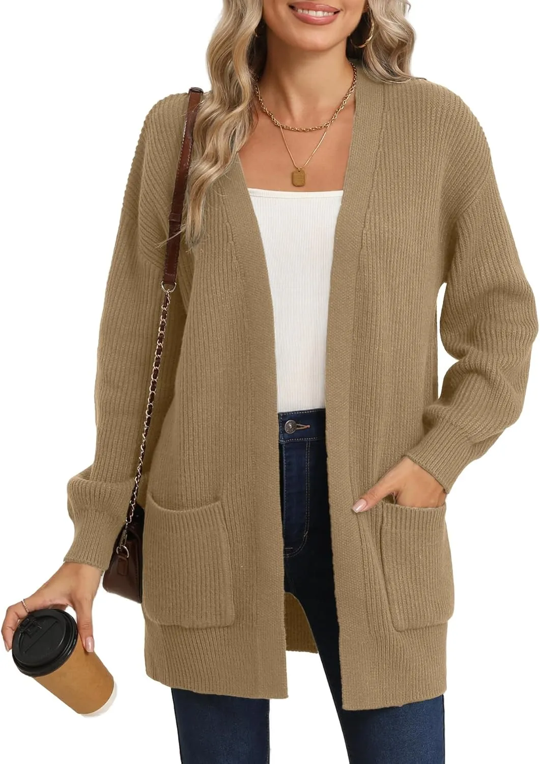 LILBETTER Women's Loose Open Front Cardigan Long Sleeve Casual Lightweight Soft Knit Sweaters Coat with Pockets
