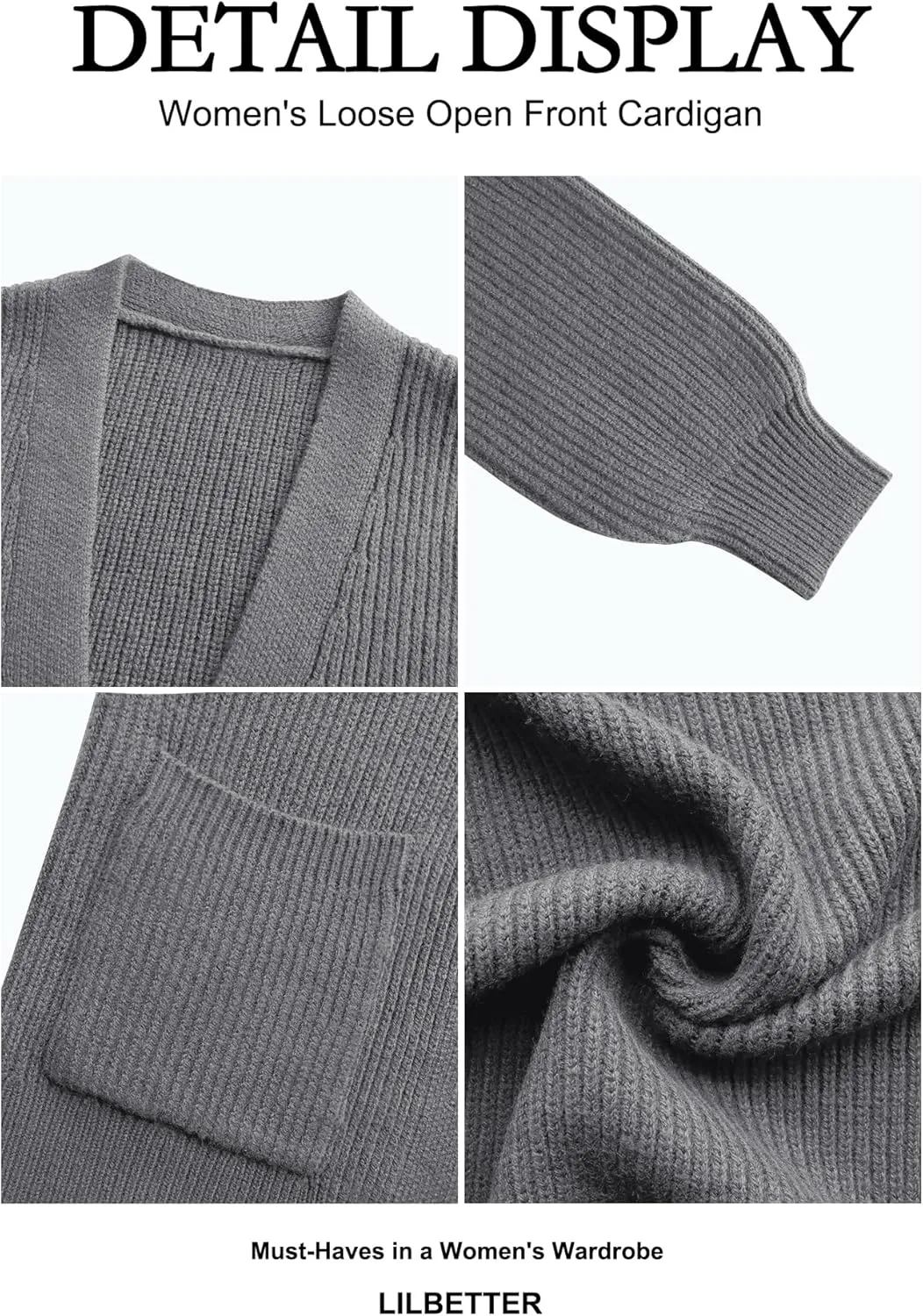 LILBETTER Women's Loose Open Front Cardigan Long Sleeve Casual Lightweight Soft Knit Sweaters Coat with Pockets