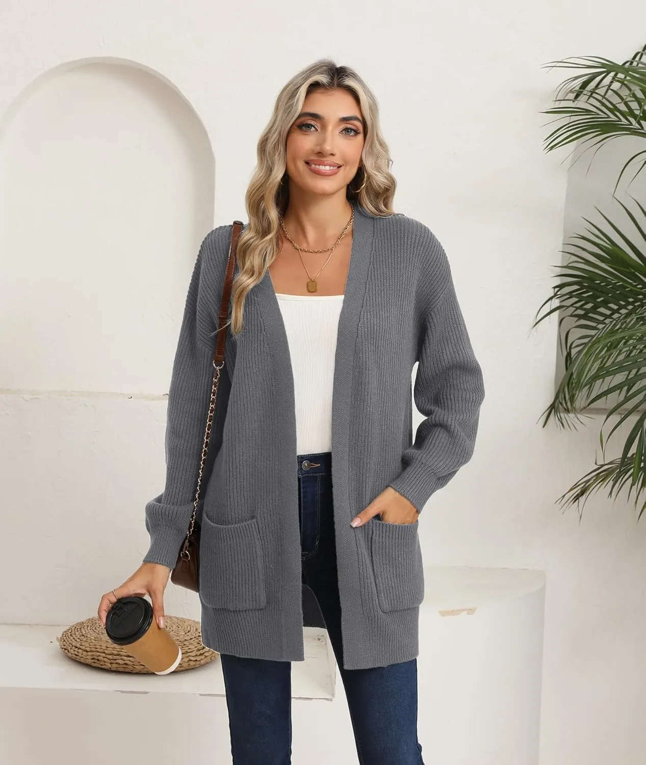 LILBETTER Women's Loose Open Front Cardigan Long Sleeve Casual Lightweight Soft Knit Sweaters Coat with Pockets