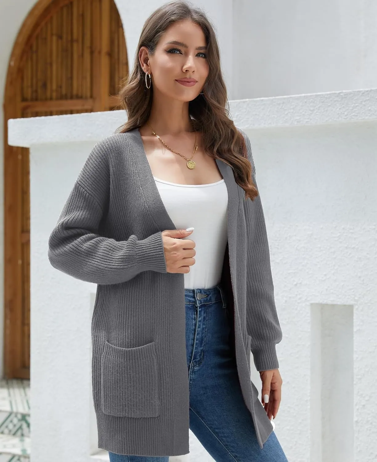 LILBETTER Women's Loose Open Front Cardigan Long Sleeve Casual Lightweight Soft Knit Sweaters Coat with Pockets