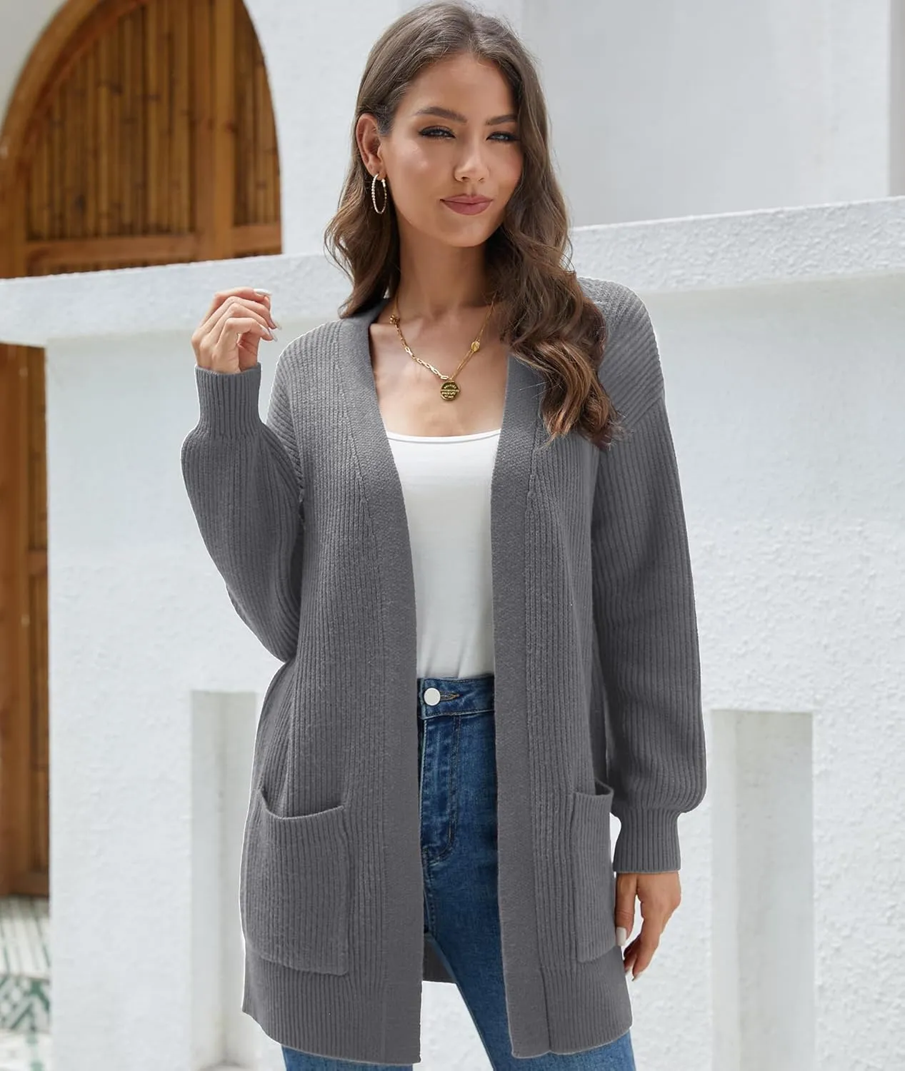 LILBETTER Women's Loose Open Front Cardigan Long Sleeve Casual Lightweight Soft Knit Sweaters Coat with Pockets
