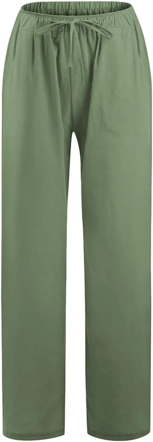 Linen Drawstring Pants Women 2025 Baggy Y2K Summer Stretchy Boho Beach Pants Relaxed Loose Fit Elastic Lightweight Trousers
