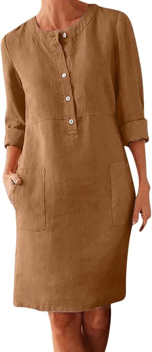 Linen Dresses for Women 2025 Summer Casual 3/4 Sleeve Button Down Midi Dress Plus Size Crewneck Loose Beach Sundress
