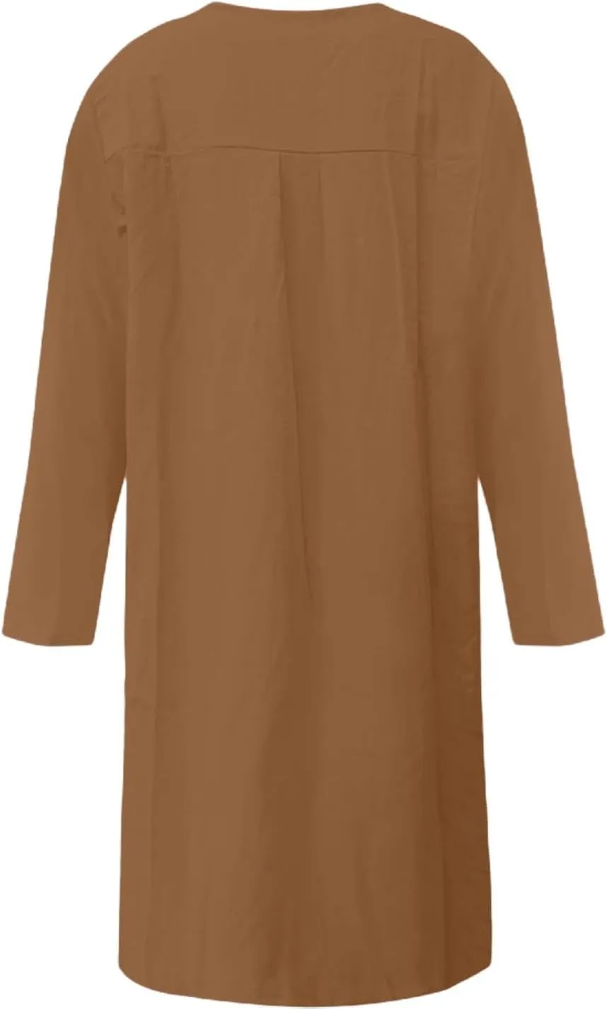 Linen Dresses for Women 2025 Summer Casual 3/4 Sleeve Button Down Midi Dress Plus Size Crewneck Loose Beach Sundress