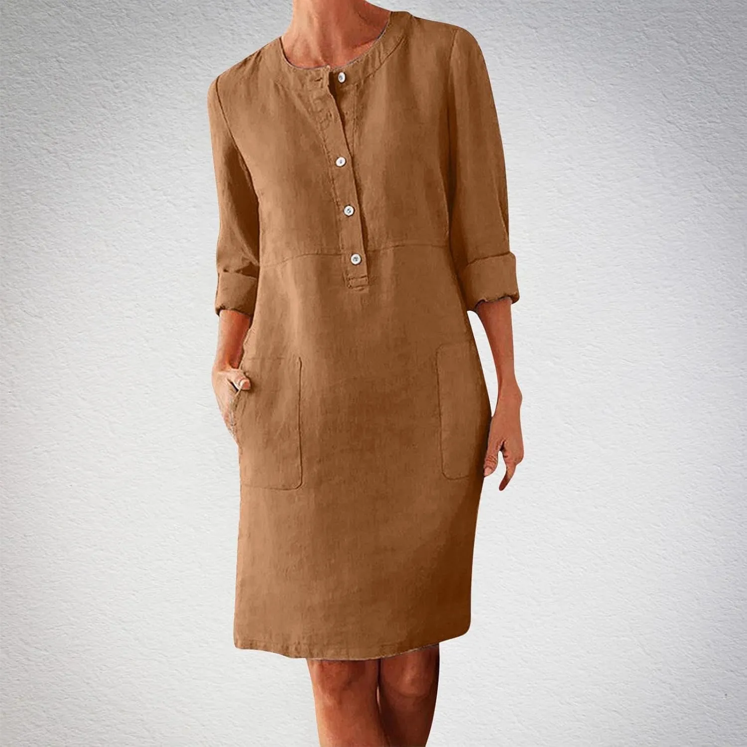 Linen Dresses for Women 2025 Summer Casual 3/4 Sleeve Button Down Midi Dress Plus Size Crewneck Loose Beach Sundress